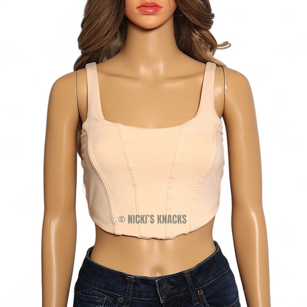 Wild Fable Corset Crop Tank Beige Y2K Coquette Sleeveless Soft Knit Top Size XS - Picture 2 of 11